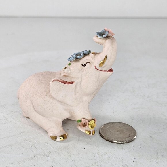 Vintage Walker Renaker Pink Bisque Elephant Figurine Gold Accents Flowers - Picture 9 of 13